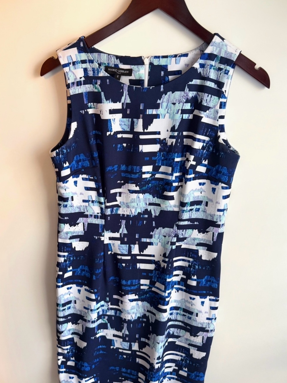 Mario Serrani Italy Blue Geometric Print Shift Sleeveless Dress Size 6